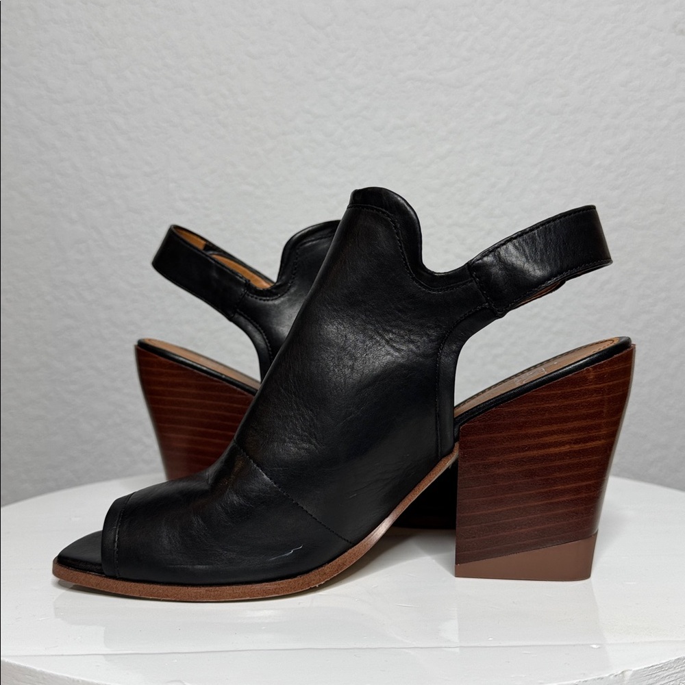 FRANCO SARTO ICELYNN BLACK LEATHER PEEP TOE BLOCK HEELED ANKLE STRAP BOOTIE - Picture 8 of 15